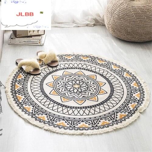 Nordic Round Carpets Bohemia Ethnic Tassel Yellow Mandala Carpet Living Room Cotton Linen Big Rugs Modern Classic 120cm Mats