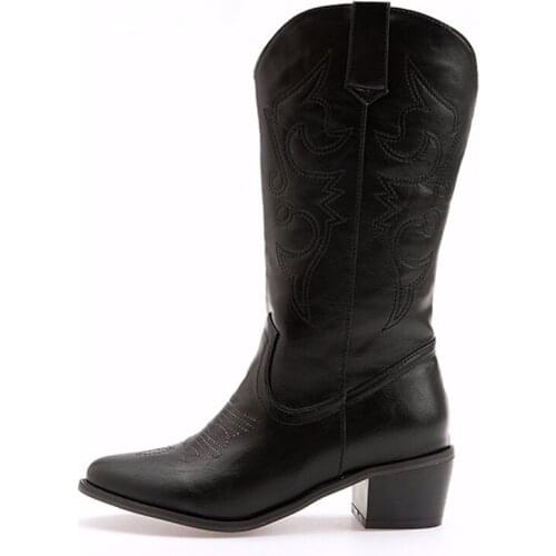 2021 New Pointed Toe Western Cowgirl Boots Winter Warm Cowboy Boots Shoes Women Botas Mujer Black ,Brown Plus Size 43