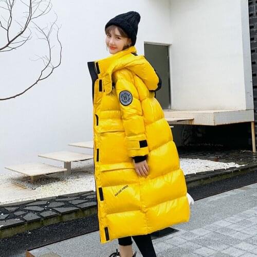 X-long Womens Winter Parkas Letter Print Oversized Thick Jacket Women Stand Collar Shiny Hooded With Epaulet Puffer Coat Ladies