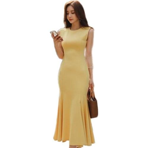 Yellow Long One piece Korea Dress for women Sleeveless Crew neck linen Sexy Ladies vintage maxi Dress party