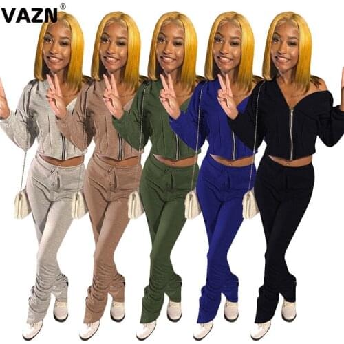 VAZN Popular 2020 Autumn Sexy Lady 5 Colors 2-piece Long Set Zipper Fly Full Sleeve Coat Pleated Pants Set Lady Casual Solid Set