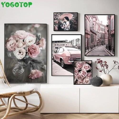 Rose Flower pink Car Street Girl Building Wall Art Diy Diamond painting Nordic 5D Full mosaic diamond embroidery Decor YY5053