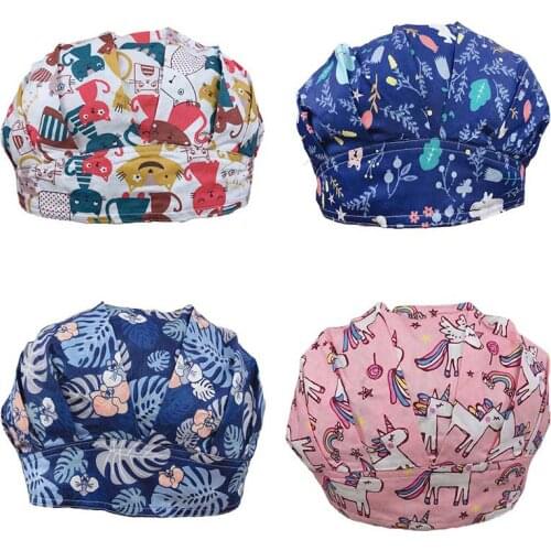 Nurse Hat Cartoon Animals Flowers Print Elastic Bouffant Turban Cap Working Hats Unisex Tie Back Hats Hair Covers Bonnet Femme