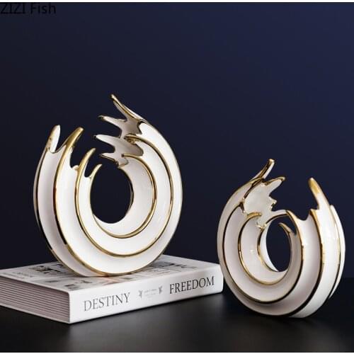 Modern Luxury White Gold Ceramic Round Vase Desktop Flower Arrangement Irregular Vase Office Bedroom Furnishings Home Decoration