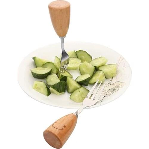 Smile Tableware Wooden Handle Dinner Fork Cute Fondue Fork Dessert Fruit Fork For Kid Food Picks Meat Fork Stainless Steel Fork
