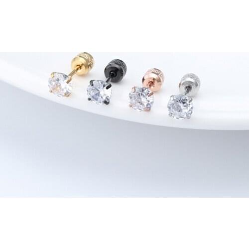 Titanium steel zircon ear studs body piercing jewelry stainless steel four-claw earrings round fine needle ear bone studs women