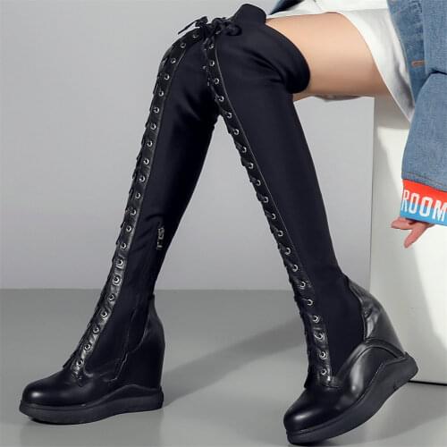 Women Lace Up Straps Genuine Leather Wedges High Heel Over The Knee High Boots Female Stretch Fabric Slim Leg Fashion Sneakers