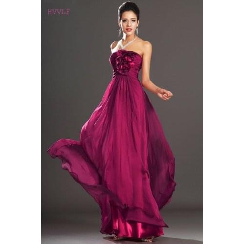 Burgundy Evening Dresses A-line Strapless Chiffon Flowers Backless Plus Size Long Evening Gown Prom Dresses Robe De Soiree