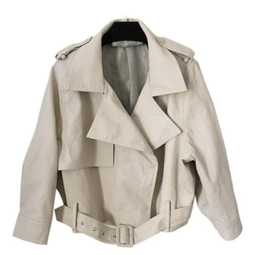 Women Leather Jacket Loose Long Sleeve Short Girls Beige Jackets Motorcycle Faux Leather PU Coat Fashion Streetwear Ladies Tops
