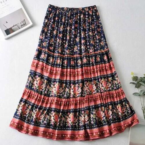 GypsyLady Floral Boho Maxi Skirt Holiday Beach Women Vintage Long Women Skirts Elastic Waist Lace Tie Up Girls Casual Skirts
