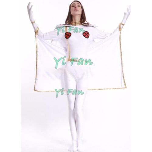 White Superhero Cosplay Costume Spandex Woman Zentai Bodysuit for Halloween Cosplay suit for Woman with Cape