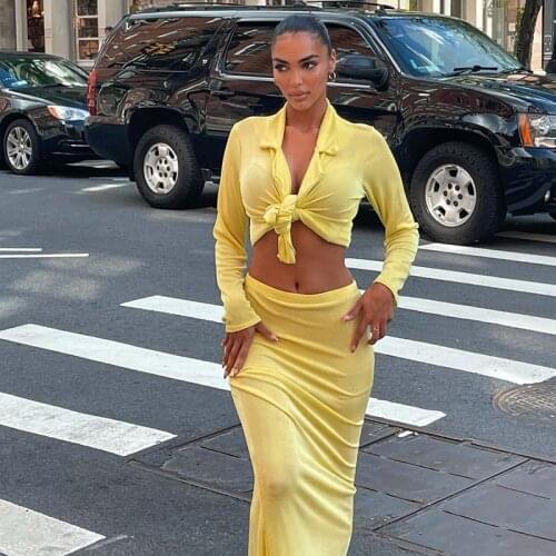 Two Piece Set Women 2021 Autumn Sexy Elegant Skirt Set Long Sleeve V Neck Crop Tops + Maxi Skirt Beach Club 2Pcs Sets Female