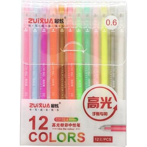 12Pcs/box 0.6mm Color White Gel Pen set Highlight Liner Sketch Markers Pens for Kids Writing Art Manga Painting School Supplies