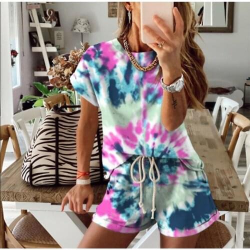 2021 Summer Womens Tie Dyed Cool Two Piece Set Short Sleeve Casual Sports Suit Loose Fitness Running Quick Dry Sportwear