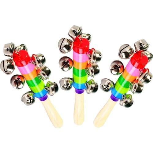 3PCS Sleigh Bells Stick Wooden Hand Held with 10 Metal Jingles Ball Percussion