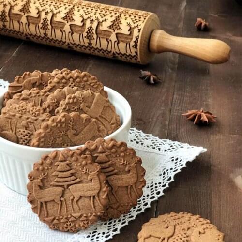 35 * 5cm Christmas Embossing Rolling Pin Baking Cookies Noodle Biscuit Fondant Cake Dough Engraved Roller Reindeer Snowflake
