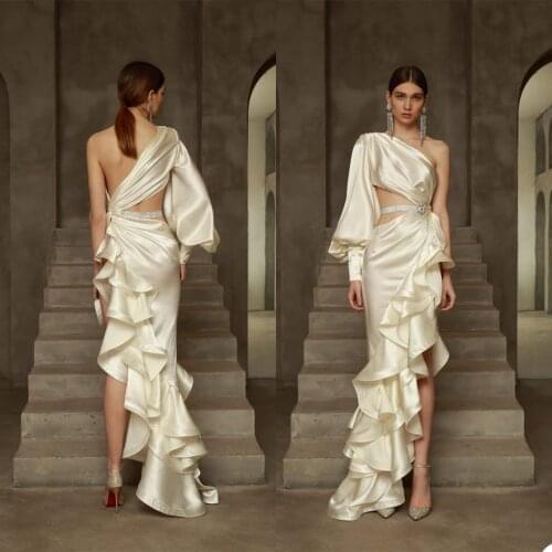 Asymmetric Evening Dress with Slit Full Sleeves Mermaid Party Prom Dresses For Formal Occasion Robe De Soiree