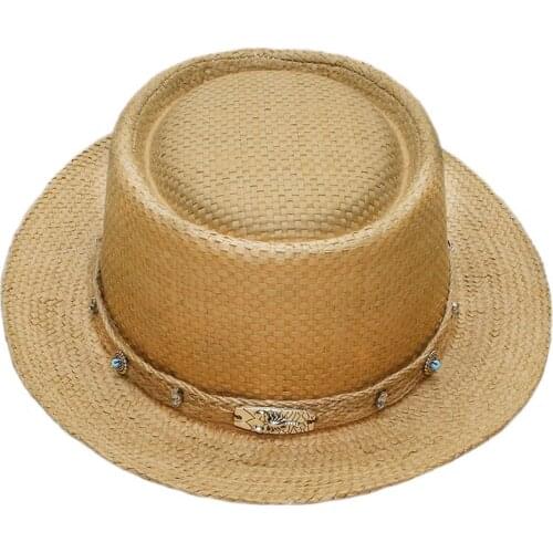 Big Size Women Men Summer Fashion Raffia Straw Pork Pie Pork-pie Sun Hat Beach Boater Cap Scorpion Beige Knitted Band 57-60cm