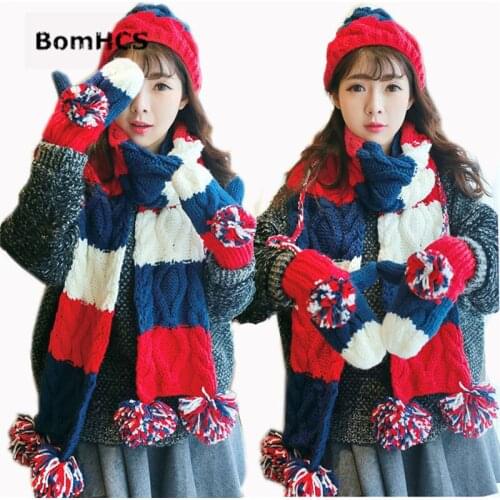 BomHCS 3pcs Suit (hat+gloves+scarf) 100% Handmade Knitted Womens Winter Warm Beanie Mittens Neckerchief