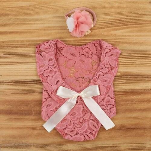 J60B Baby Bow Lace Romper Headband Set Newborn Photography Props Bodysuit Jumpsuit with Flower Hair Band Infants Fotografie