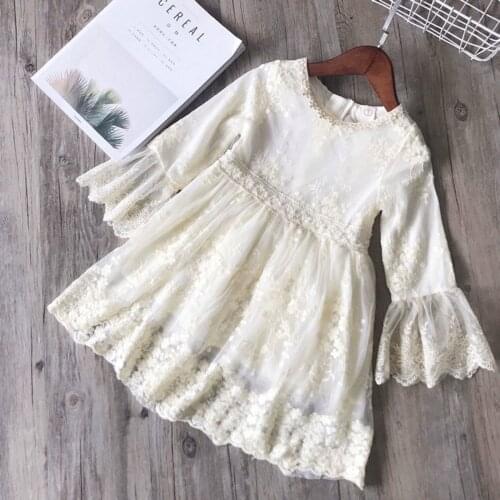 Kids Princess Dress Girls Floral Embroidery Round Collar Long Sleeve One-Piece for Summer Fall Beige/Gray
