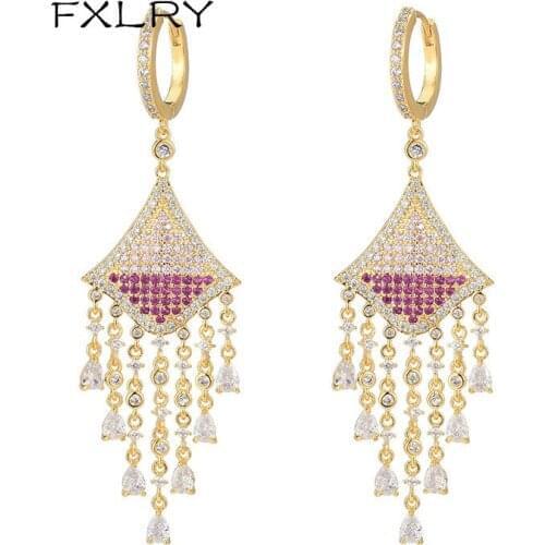 FXLRY High Quality Fashion Micro-Inlaid Gradient Colored Zircon Tassel Earrings For Women Jewelry