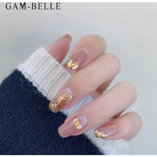 GAM-BELLE Nude Gold Foil Designs False Nails Long Square Full Cover Artificial Fake Nails DIY Manicure Nail Decoration Tools