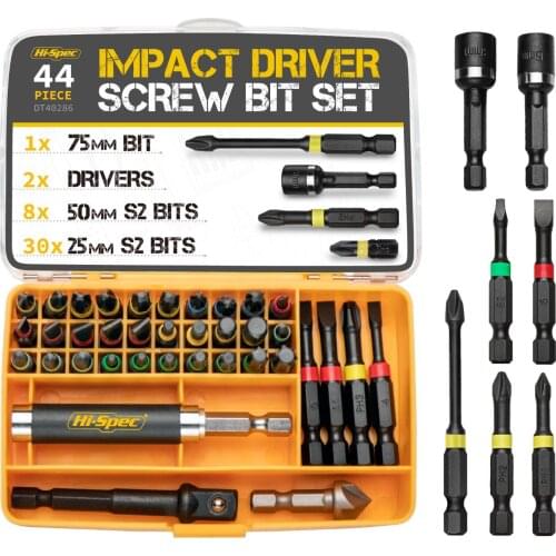 Hi-Spec Premium 44pc Impact Driver Drill Bit S2 Screwdriver Bits Set Power Tool Acessories Home Appliances Repair Hand Tools Kit