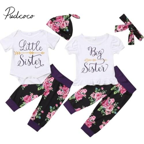Newborn Baby Girls Kids Sister Matching Sets Letter Print Short Sleeve Romper Top +Flower Pants Leggings+Accessories