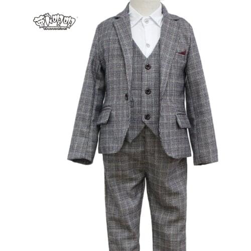 Boys Suits for Weddings Cotton Plaid Blazer+Vest+Pants 3Pcs Kids Clothing Sets Children Formal Suits Performance Costume N53