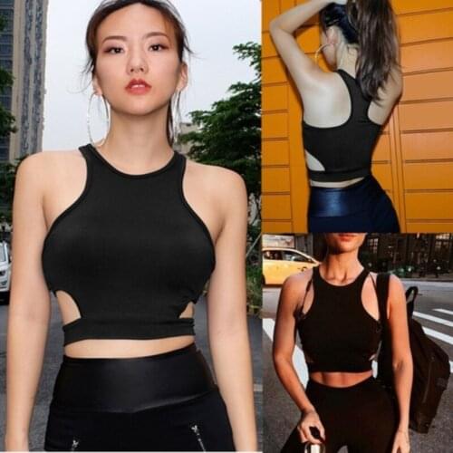 Summer Hollow Out Sports Vest Womens Stretch Solid Sexy Tank TopsO-Neck Slim Fitness Crop Top Short Black Women Tank Tops