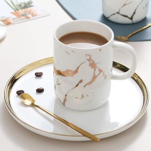 Marbled Ceramic Mug Office Coffee Cup Handy Cup Kitchen Household Set Milk Water Cup Spoon with Lid White