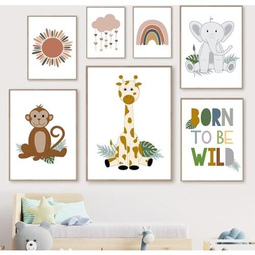 Cartoon Giraffe Monkey Elephant Rainbow Nursery Wall Art Canvas Painting Nordic Posters And Prints Wall Pictures Kids Room Decor