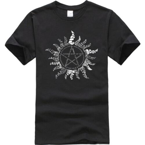 Supernatural Symbol Words TV Movie T Shirts Letter Wordcloud Pure Cotton Man Tshirts Black Classic Tee Shirts Wholesale