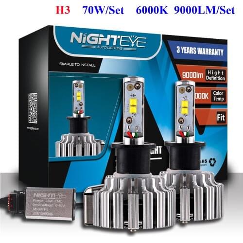 NIGHTEYE 1 Pair H3 CREE Chip COB Led Beam 70W Replacement 9000Lm Car DRL Fog Headlight Conversion Driving Bulb Car Light Source