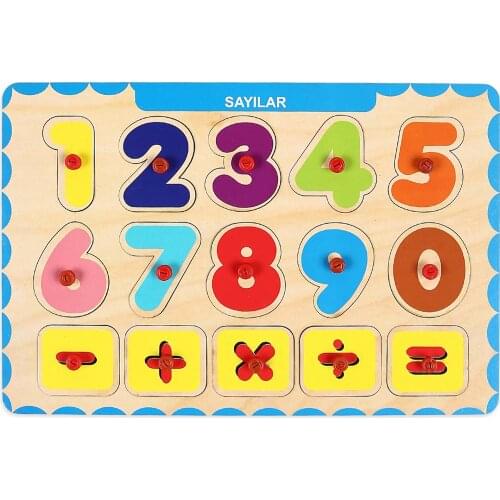 EDUCATIONAL PUZZLE WITH A WOODEN HANDLE FIGURES AND FOUR OPERATIONS BASIC MATHEMATICS FOR CHILDREN