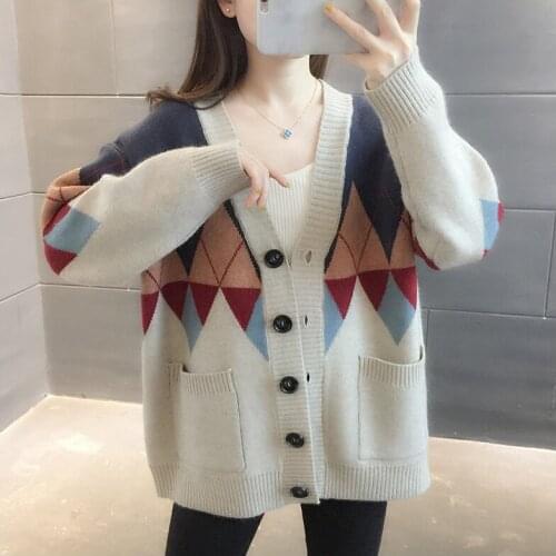 Autumn Womens New Knitted Cardigan Short Simple Printing Long-sleeved Single-breasted Knitted Jacket Casual Wm