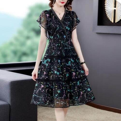 Black Printed Mulberry Silk V-Neck Midi Dress 2021 Summer Korea Vintage Plus Size Sundress Female Elegant Bodycon Party Vestidos