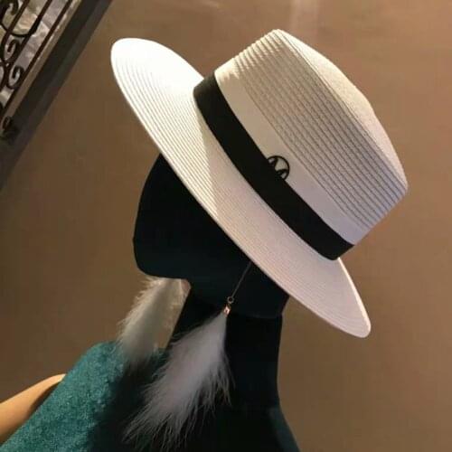 2020 M Letter Flat Top Straw Hat Ribbon Boater Beach Hat Womens Summer Wide Brim Fedora M Panama Straw Travel Sun Cap