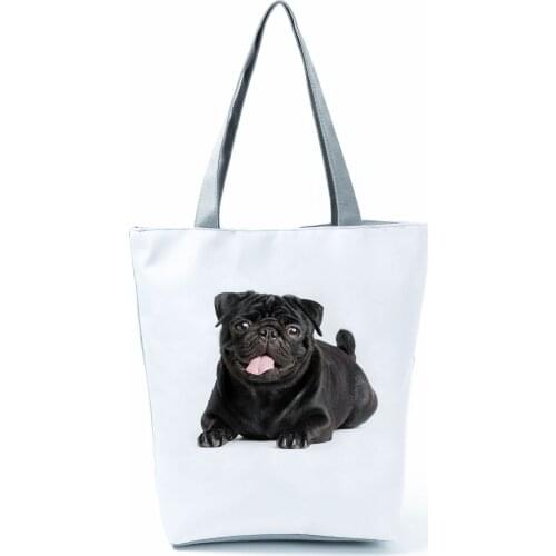 Black Pug Printed White shoulder Bags Ladies Eco Friendly Foldable Shopping Bag High Capacity Practical Portable Tote for Women