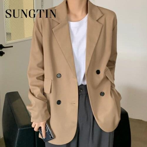 Sungtin Fashion Office Lady Loose Blazer Jackets Oversized Women Vintage Double Breasted Casual Blazer Coat 2021 New Korean Tops
