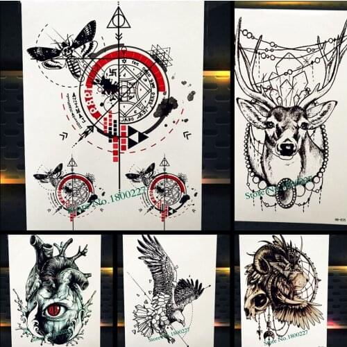 Water Transfer Fake Arrow Compass Temporary Tattoo Waterproof Moths Tatoo For Men Women Body Art Arm Back Henna Tattoo Stickers