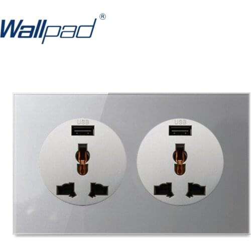 Wallpad Double EU UK Universal Socket With 2 USB Grey Crystal Tempered Glass Panel 3x6 146mm UK Standard