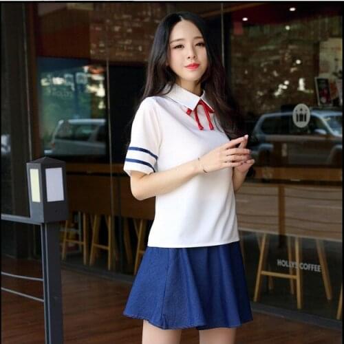 Japanese School Uniform Turn-down Collar Short Sleeve Sailor Tops + Skirt Navy School Style College Students Costume for Girl