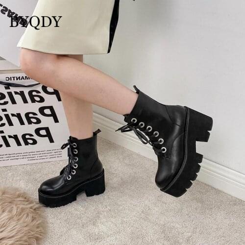 BYQDY Black PU Leather Mid Calf Boots Women Autumn Winter Round Toe Lace Up Shoes Fashion Motorcycle Platform Botas For Girls