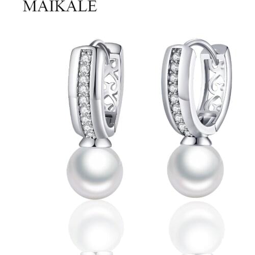 MAIKALE New Simple Circle Cubic Zirconia Earrings Hanging Big Pearl Stud Earrings for Women Jewelry Delicate Gifts Brincos