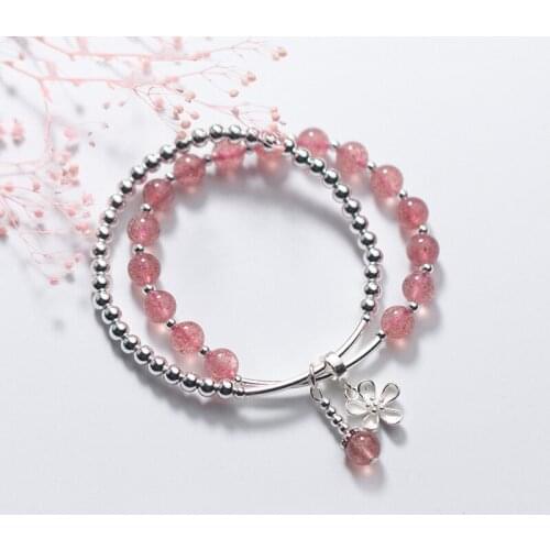MloveAcc Solid 925 Sterling Silver Beaded Bracelet Fashion Strawberry Crystal Beads Strand Bracelets for Women