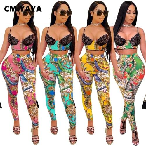 CM.YAYA Women Chain Print Two 2 Piece Set Outfits Vintage Lace Patchwork Crop Tops and Legging Pants Matching Set Sexy Tracksuit