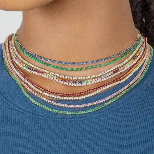 3 colors 2mm rainbuw cz necklace red shiny cz tennis chain choker jewelry micro pave gold silver color fancy women jewelry