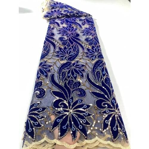 5yards/pc) 2021 Newest royal blue African French net lace fabric with wonderful laser cut velvet embroidery and sequins FXZ087